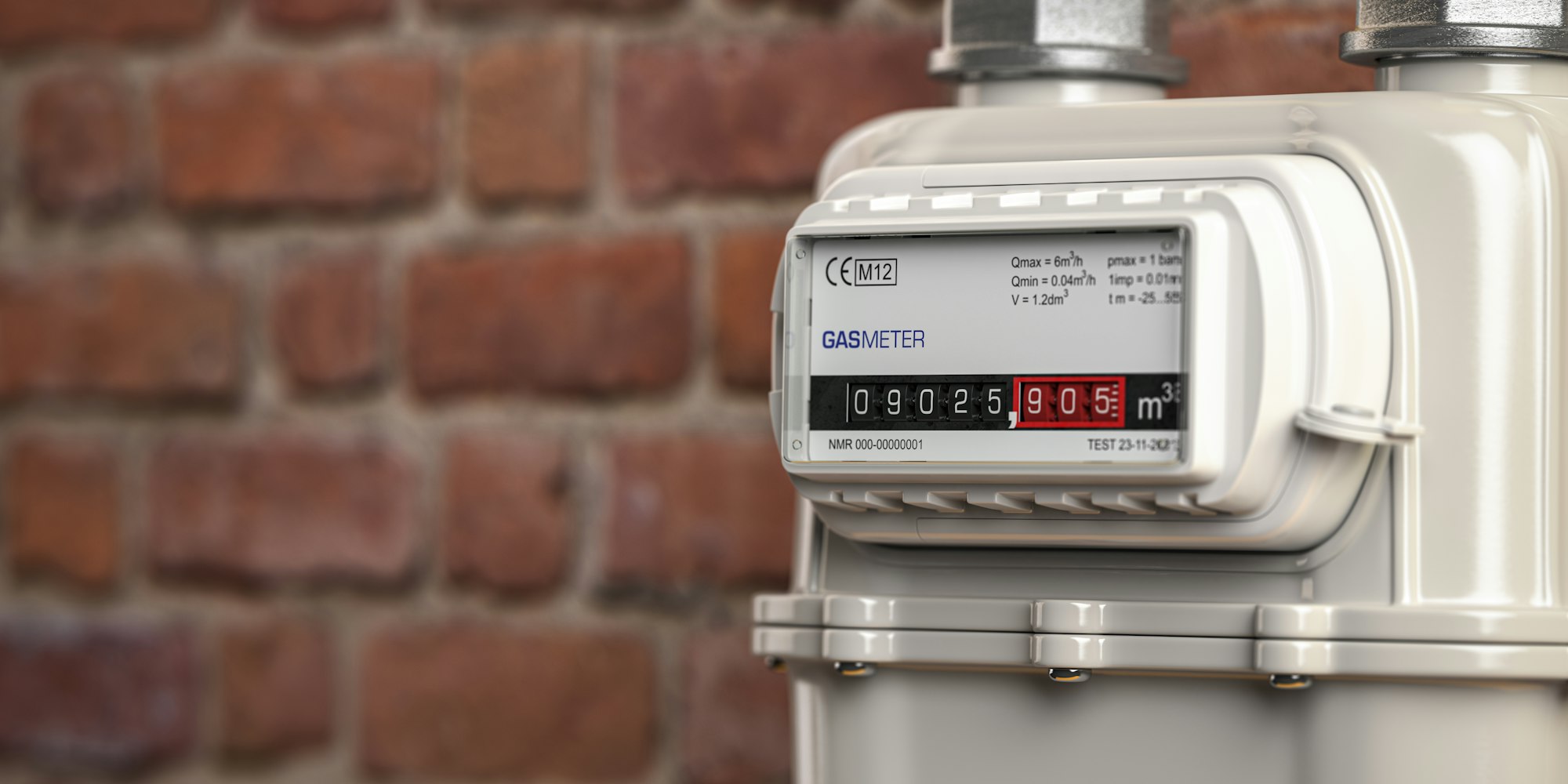 Natural gas meter on brick wall.