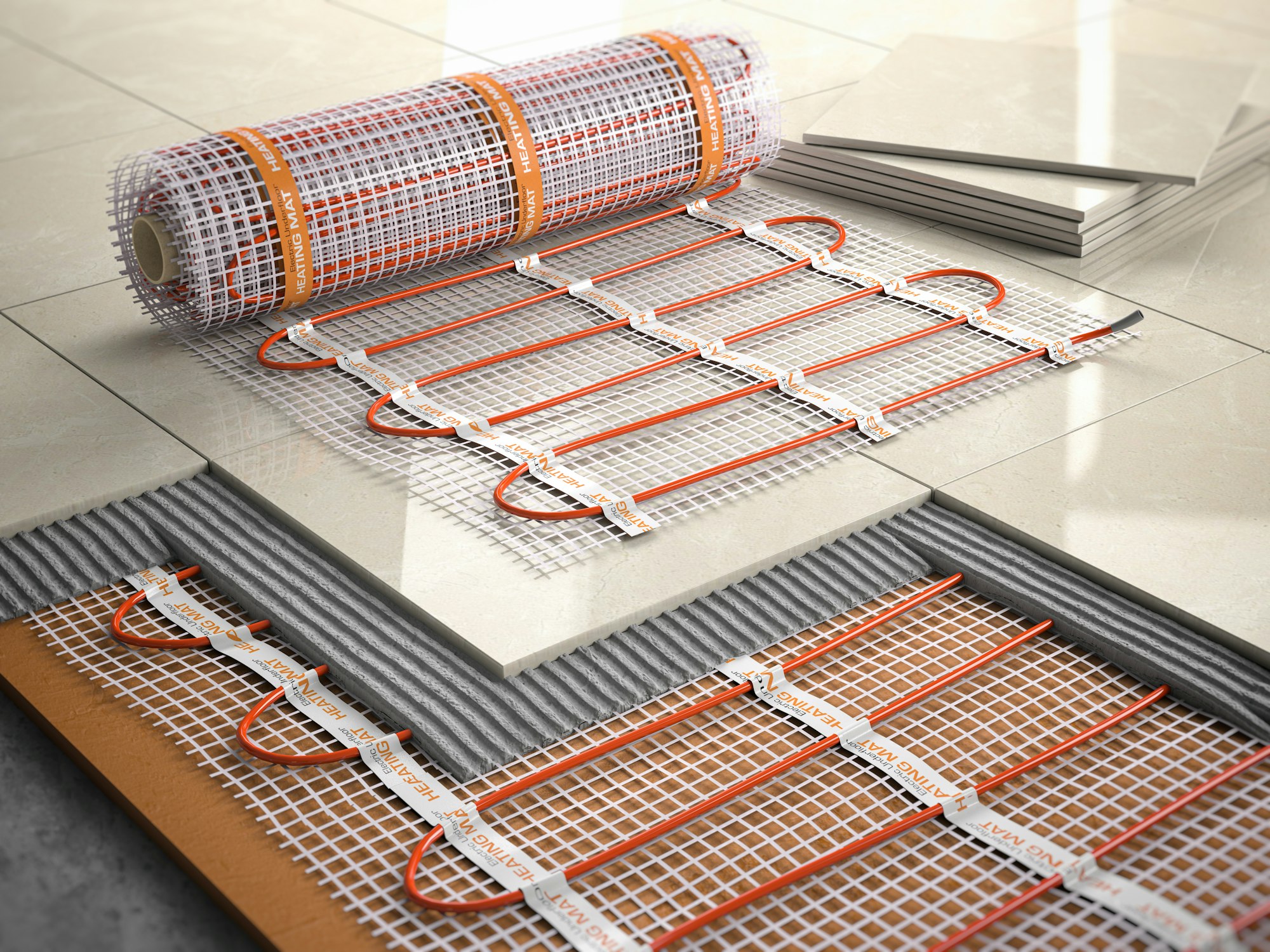 Underfloor heating installation concept. Mat elecric heating sys